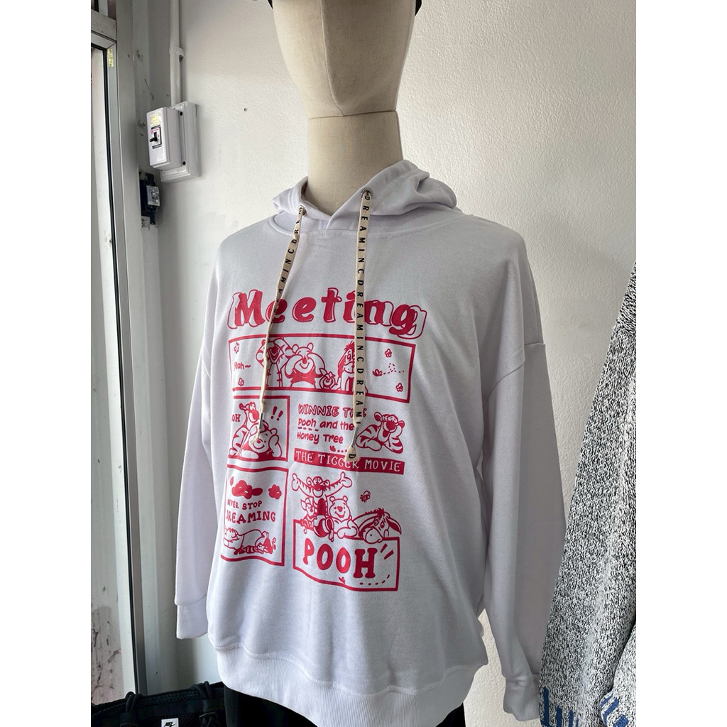 Lt5701 S M L เสื้อฮู้ดแขนยาวสำหรับใส่ทุกวัน สีขาว สกรีนด้านหน้า ผ้าคอตตอน ด้านในทอลายเกร็ดปลา