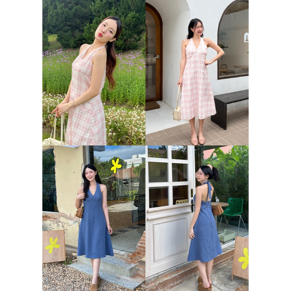 📍ชมพูส่ง6กคค่ะ📍Lille collection : เดรสคอวี กระโปรงยาว มีสายผูกโบว์คล้องคอด้านหลัง