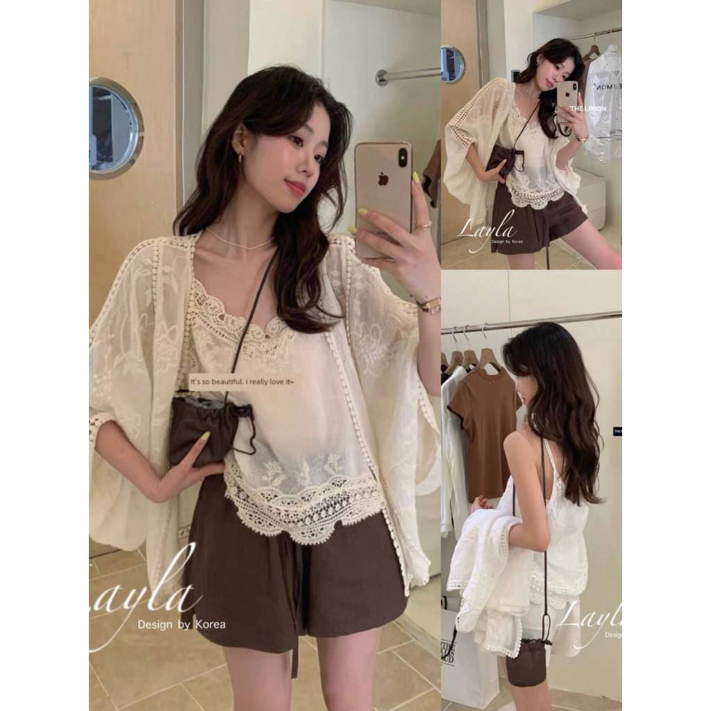 •LAYLA• LL 53597 เซตเสื้อสายเดี่ยว+เสื้อคลุม ผ้าฝ้ายปักแต่งลูกไม้หวาน เนื้อผ้านุ่มใส่สบาย