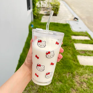 แก้วน้ำ [ฝา+หลอดแก้ว] แก้วกระจก 450 ml หนามาก ใส่ได้ทั้งร้อนและเย็น ลายการ์ตูน น่ารัก พร้อมส่ง