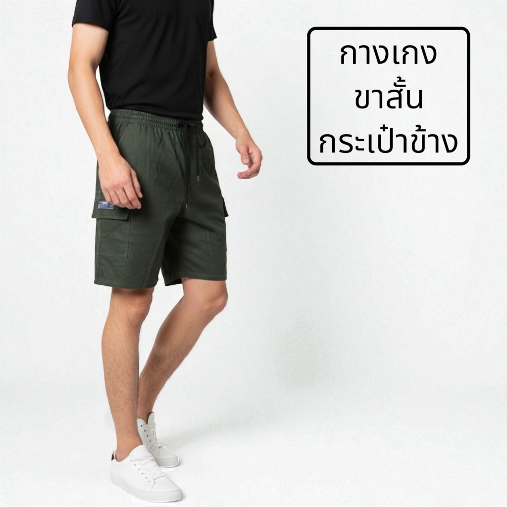 กางเกงขาสั้นคาร์โก้ กระเป๋าข้างเท่ๆ ฟรีไซส์ เอวยางยืด ผ้าคอตตอนหนา