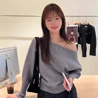 เสื้อไหมพรมแขนยาว เสื้อเปิดไหล่ สีพื้น เนื้อผ้าดี สไตส์เกาหลี