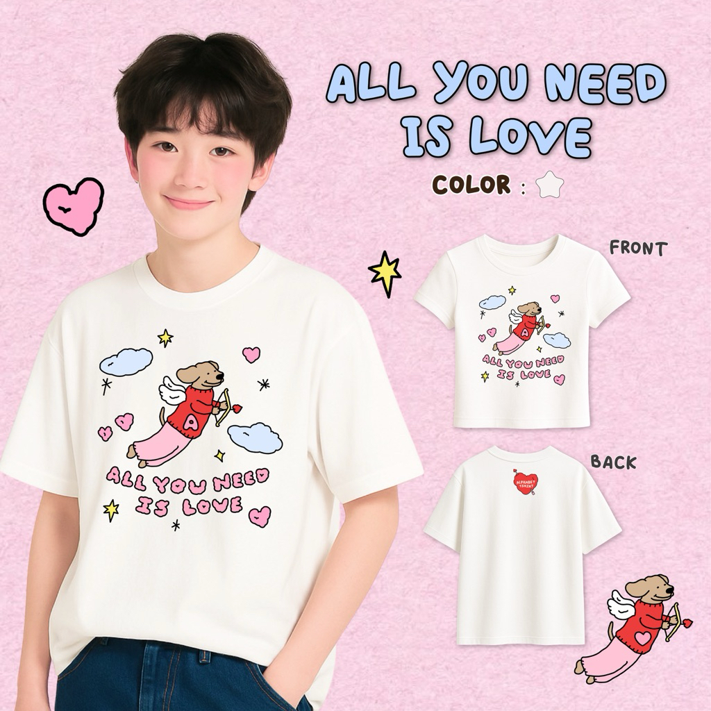All you need is love หมา Cupid / เสื้อยืด Oversized และ babytee สกรีนตัวอักษร Custom A-Z (ระบุตัวอักษรทางหมายเหตุ)