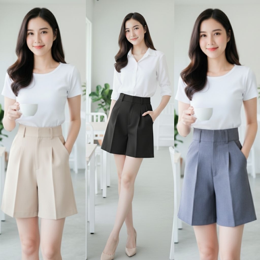 NewBasic ขาสั้นเอวสูงผ้าโซดา 17-18" พลางหุ่น สวยหรูทรงเนี๊ยบ เอวสูง ซิปหน้า ตะขอหน้า เป้าลึก สะโพกกว้าง