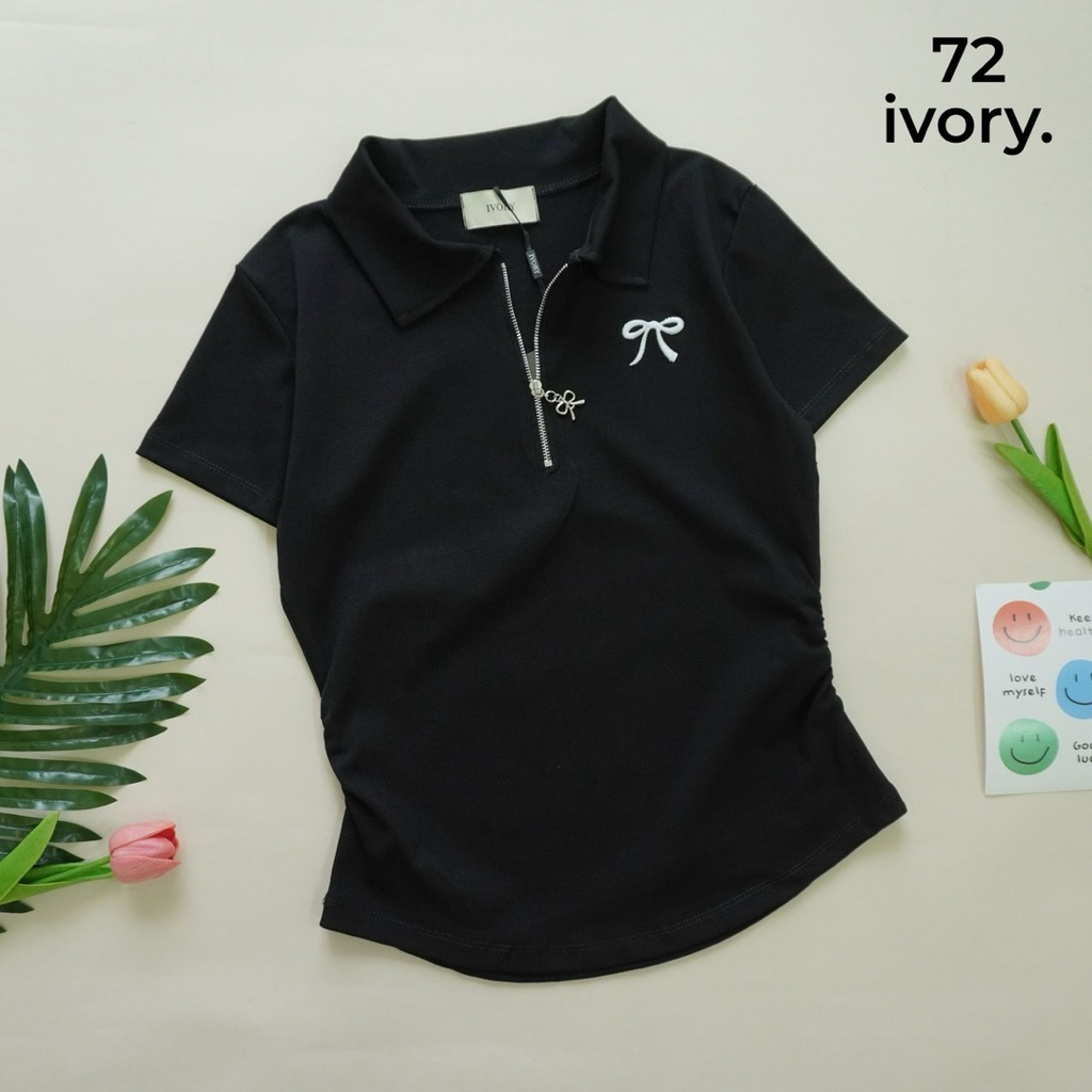 VV105-VV909 VV206-ป้ายIVORYเสื้อยืดผ้ายูนิโคล่ คอปก แต่งปักโบว์ข้าง แขนสั้นหยุมข้าง