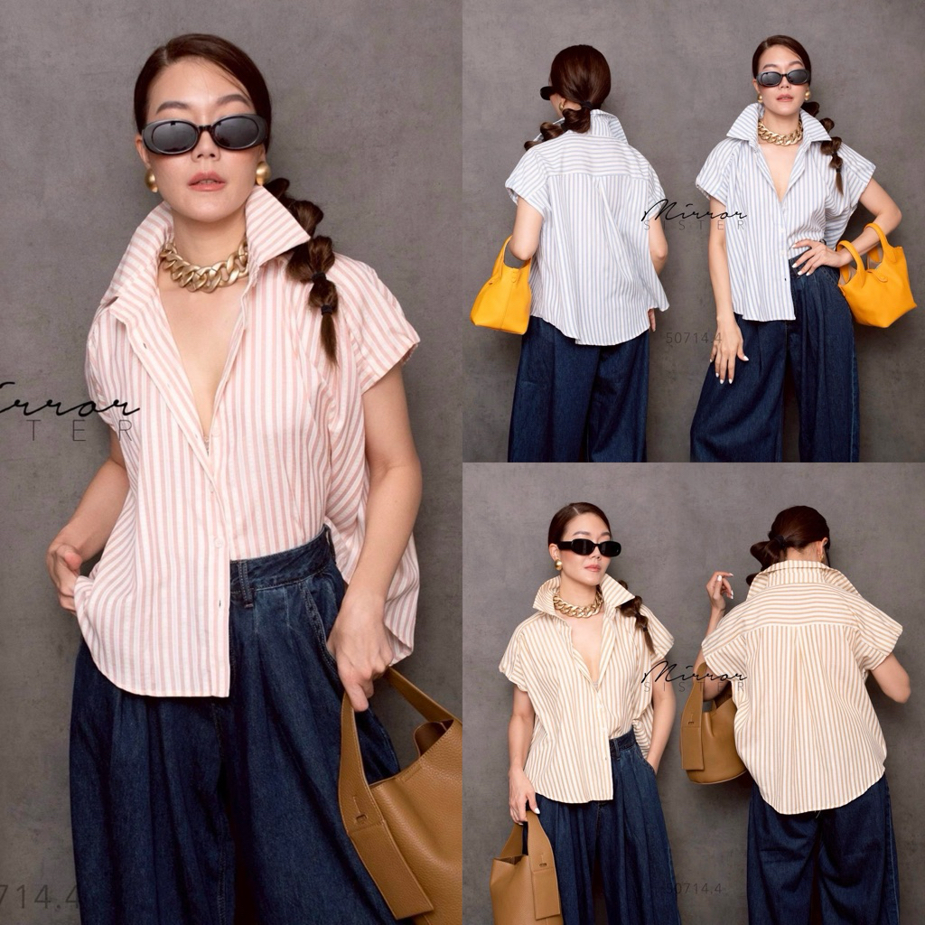 🔖Mirrorsister 50714.4 เสื้อเชิ้ตลายทางแนวตั้ง คอปกสวย แขนสั้นทรงหลวม สวมใส่สบาย