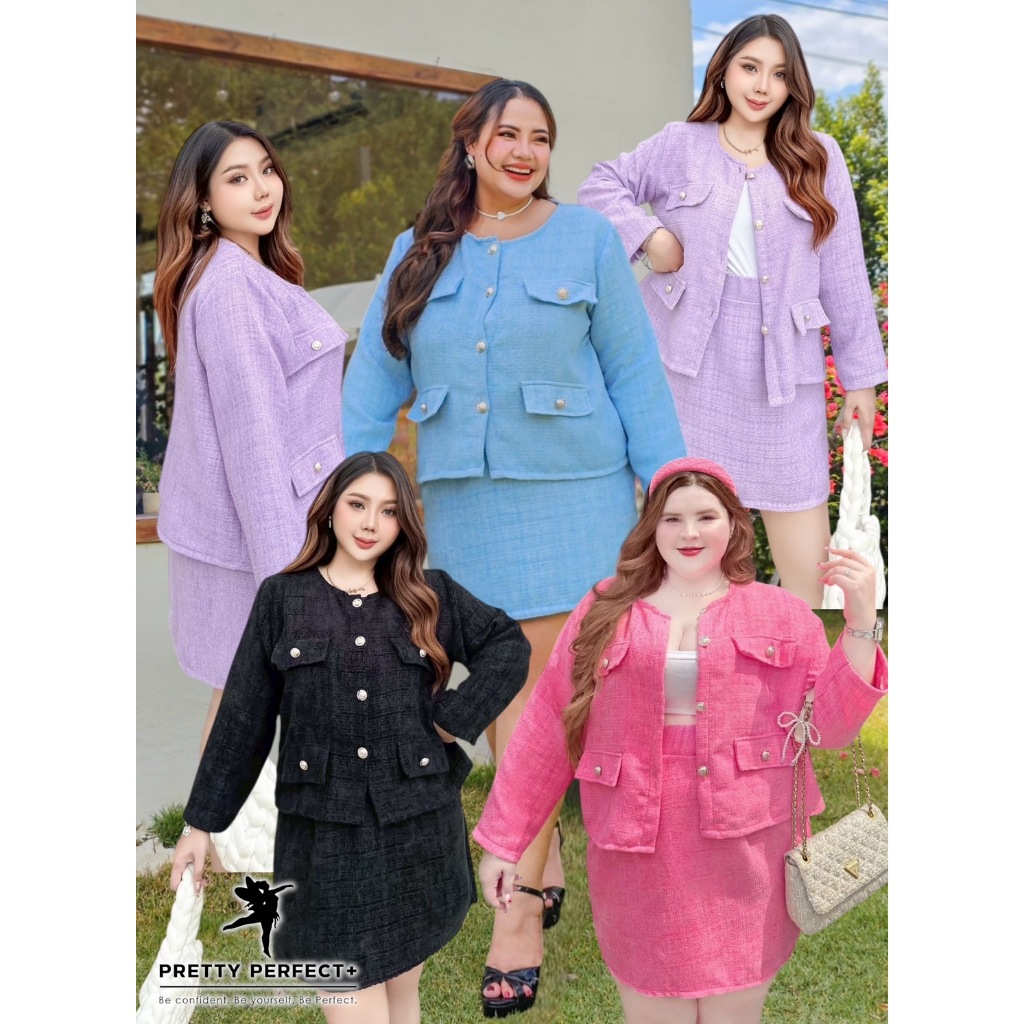 ชุดเซ็ตผ้าทวิต เสื้อแขนยาว+กระโปรงดึงยางหลัง ชุดเข้ารูปสำหรับสาวอวบ ชุดลำลอง หรูหรา เหมาะสำหรับสาวอวบ สาวพลัสไซส์