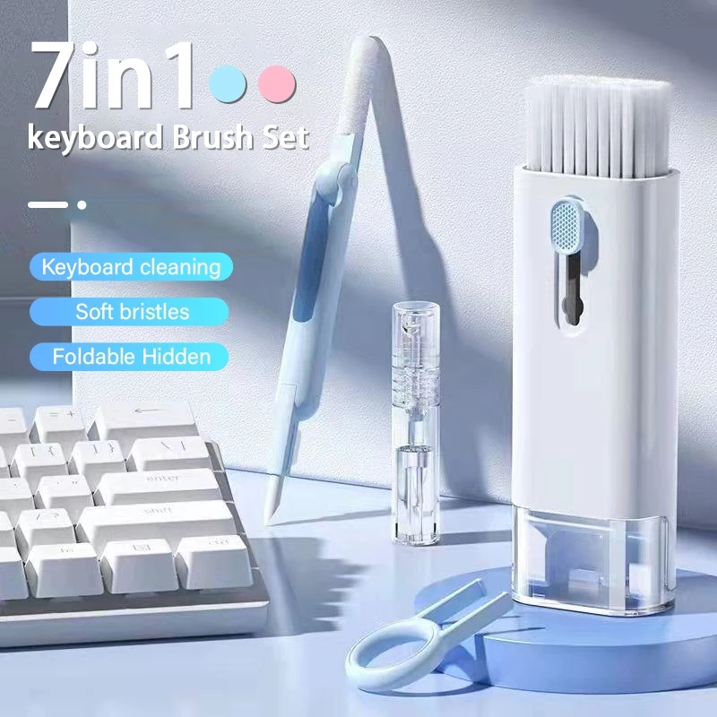 แปรงทำความสะอาดคีย์บอร์ด 7-in-1 หูฟัง, คีย์บอร์ด โทรศัพท์ ปากกา แปรง และสเปรย์ เครื่องมือทำความสะอาดผลิตภัณฑ์ดิจิตอล