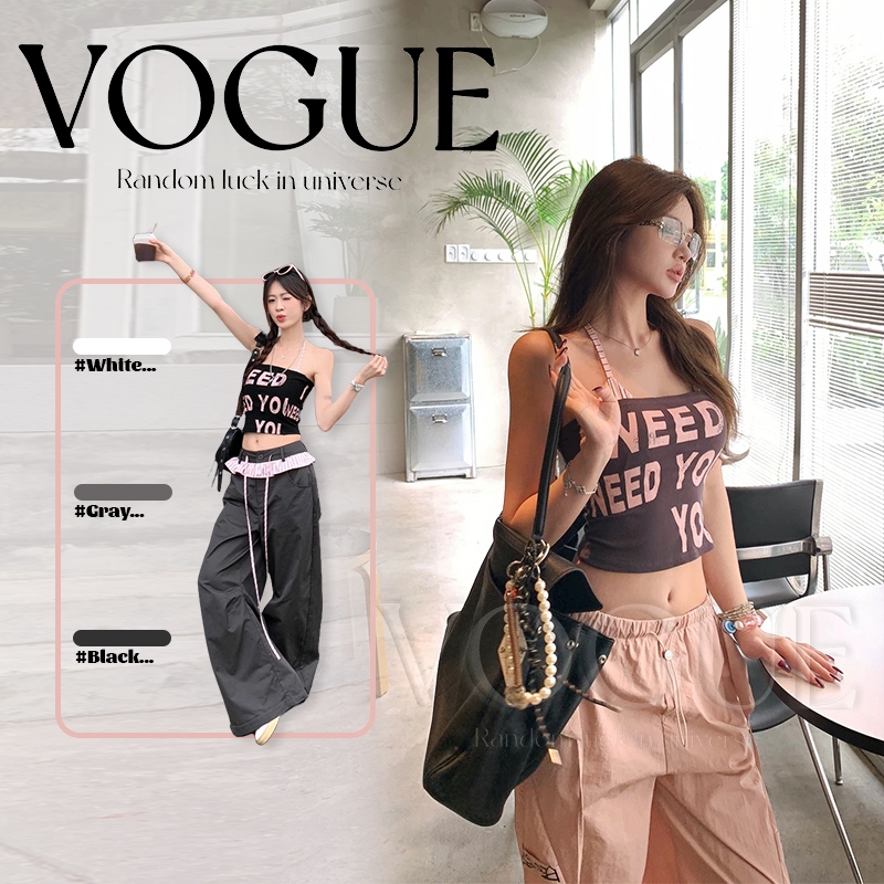 Vogue🌟พร้อมส่ง🌟 เสื้อเกาะ + บราคล้งคอ สีพื้น สกรีนตัวอักษร มีฟองน้ำ (FY5535)