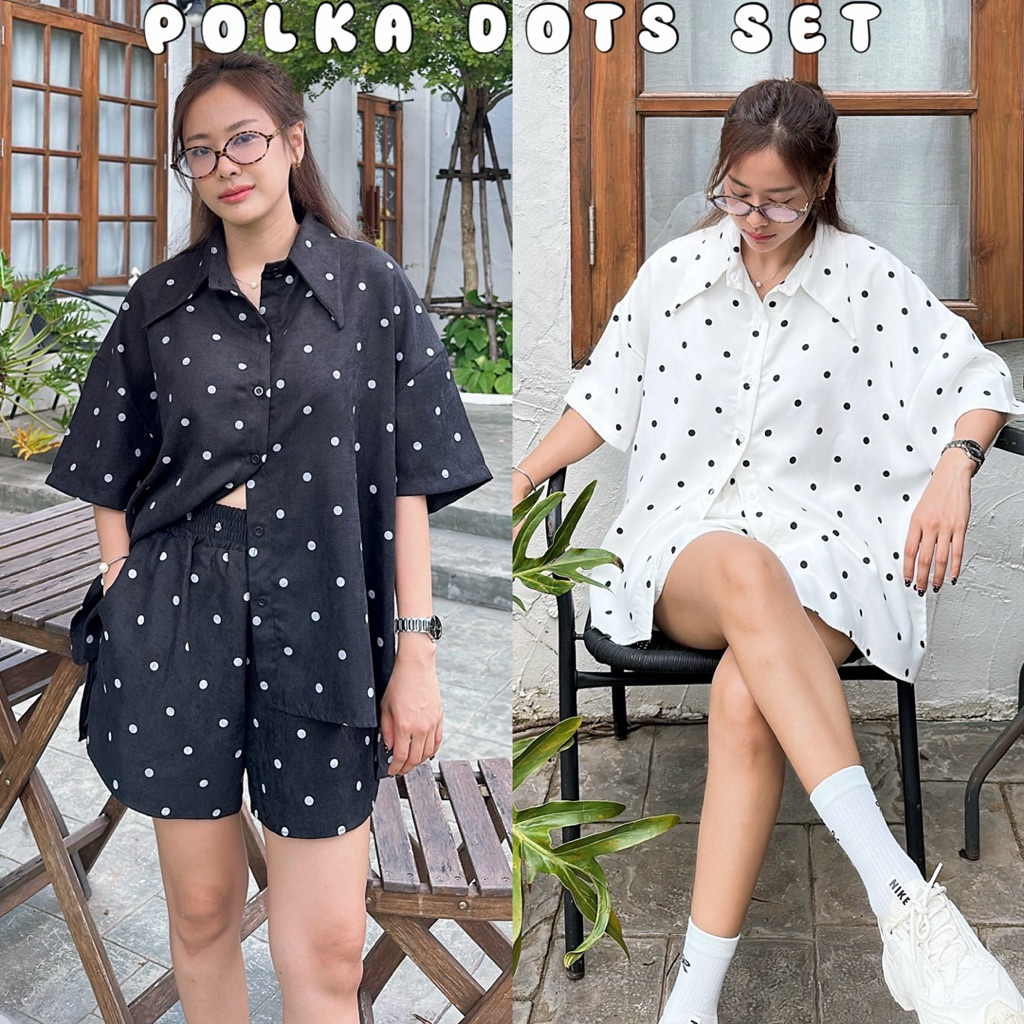 𝗣𝗢𝗟𝗞𝗔 𝗗𝗢𝗧𝗦 𝗦𝗘𝗧 ชุดเซท 2 ชิ้น เสื้อเชิ้ตปกแหลม+กางเกงเอวสม็อค มีกระเป๋า 2 ข้าง ลายผ้า polka dots
