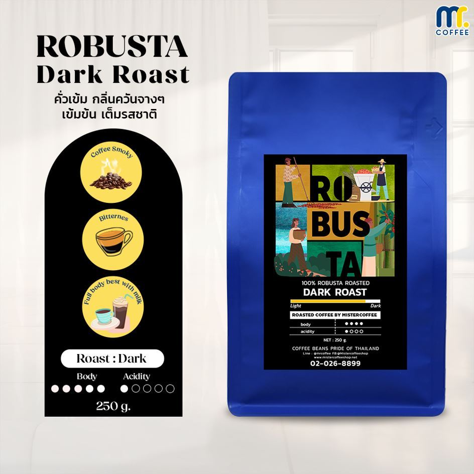 เมล็ดกาแฟโรบัสต้า Robusta Dark Roast Mistercoffee 250 กรัม คั่วเข้ม เข้มข้นเต็มรสชาติ
