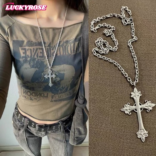 LUCKYROSE สร้อยคอ จี้ครอสกุหลาบเงิน สลักลาย ขนาดใหญ่ สไตล์เกาหลี