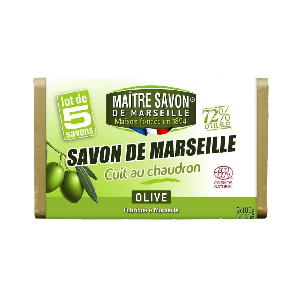 Maitre Savon de Marseille สบู่สำหรับซักผ้าน้ำมันมะกอกบริสุทธิ์ Cuit Au Chaudron Laundry Fabric Soap Olive (5 x 100gm)