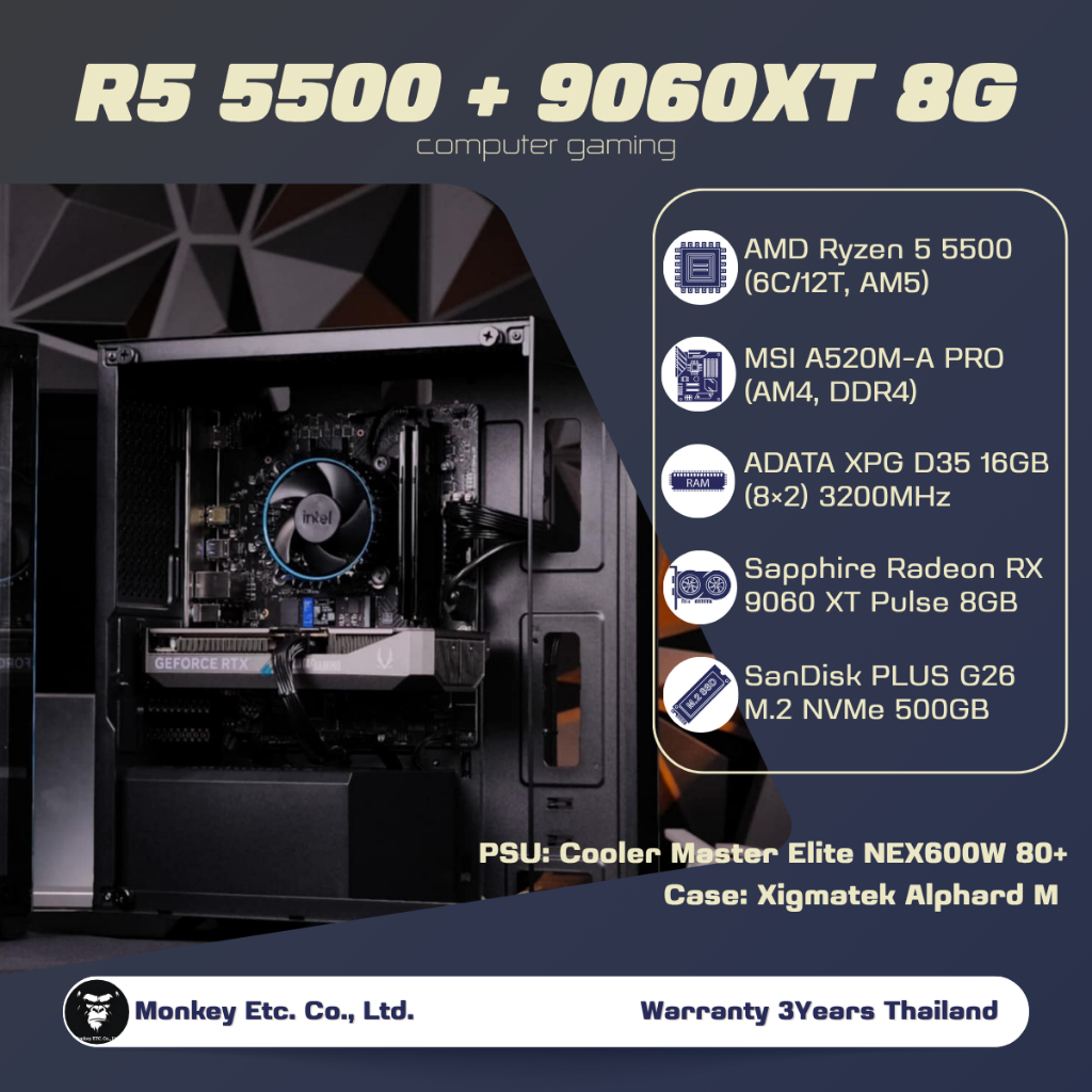 คอมประกอบ Gaming PC Ryzen 5 5500 + RX 9060 XT 8GB | RAM 32GB DDR4 | M.2 500GB | PSU 600W | เคส M-ATX