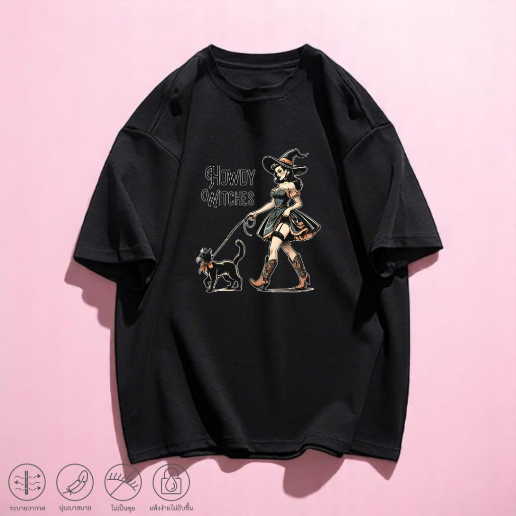 เสื้อยืดฮาโลวีนเสื้อฟักทอง เสื้อแม่มด เสื้อสยองขวัญ เสื้อยืดแขนสั้น คอกลมทรงโอเวอร์ไซส์ ลายกราฟิกแฟชั่น รหัสQQ102