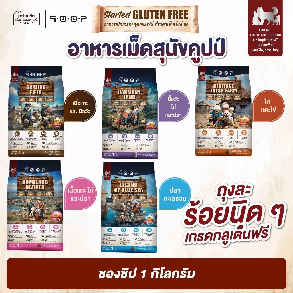 [[Gluten Free]] Petheria Qoop - อาหารสุนัข เพ็ทเทอเรีย คูปป์  สำหรับสุนัขทุกช่วงวัย 1 kg
