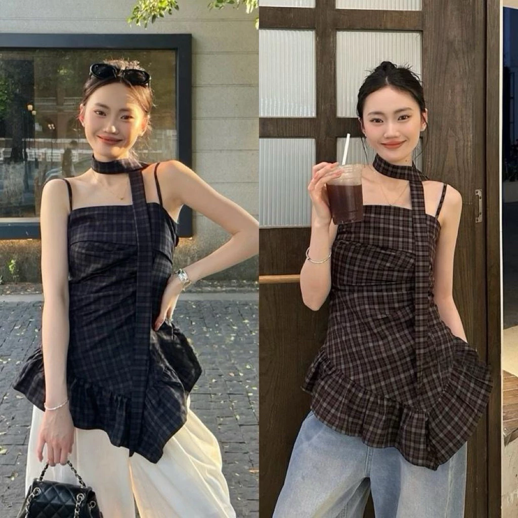**พร้อมส่ง SM**BY0259 สายเดี่ยวลายสก็อตทรงเบี่ยงข้าง ผ้าดีมาก benly co