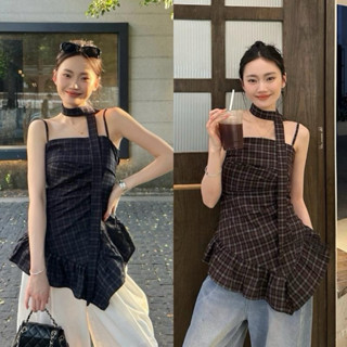 *ส่งสินค้า16/04***พร้อมส่ง**BY0259 สายเดี่ยวลายสก็อตทรงเบี่ย…