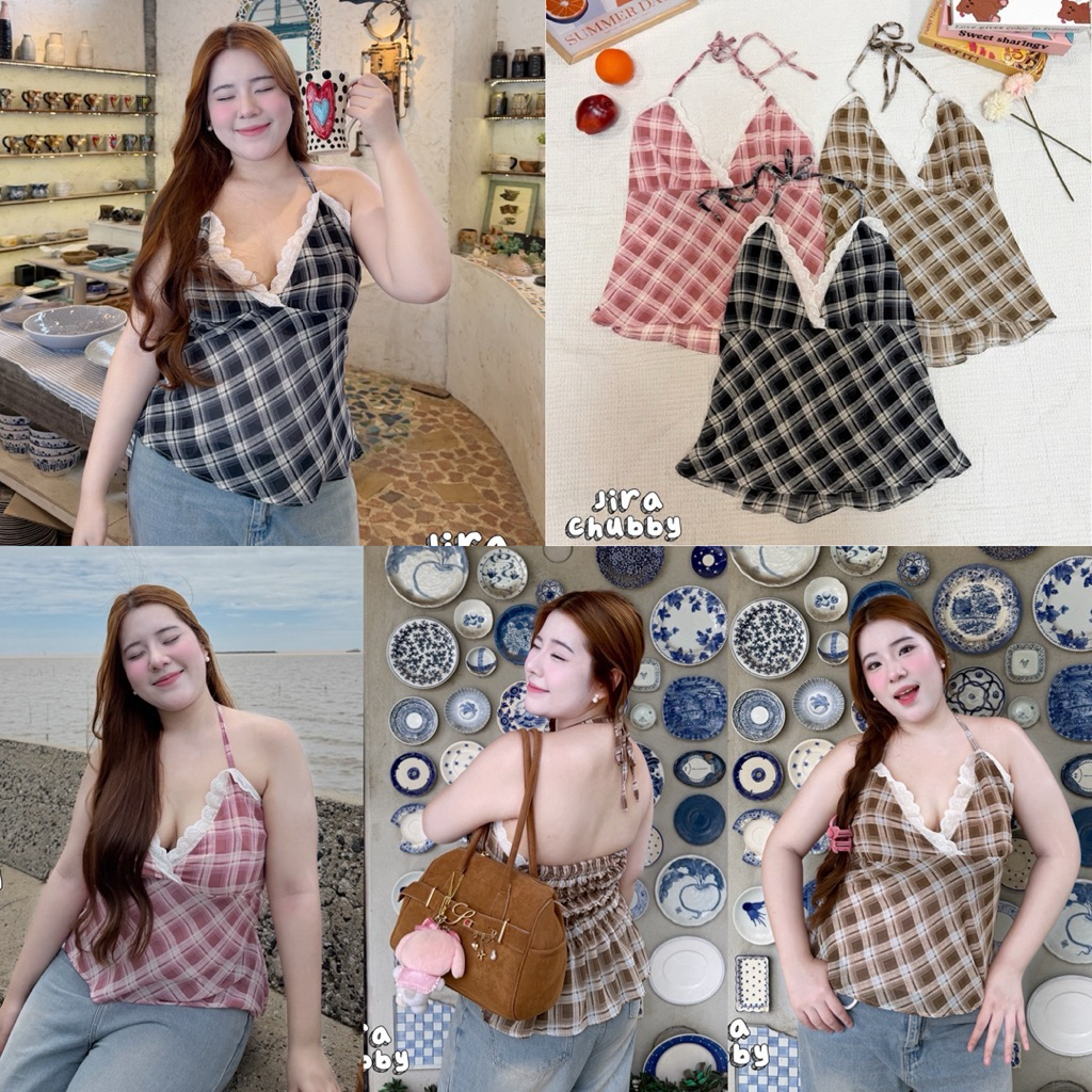 /JR/ เสื้อคล้องคอลายสก็อต สาวอวบ ไซส์อก36-50 แต่งลูกไม้ช่วงอก สม็อคหลัง มีซับใน #เสื้อไซส์ใหญ่ พลัสไซส์