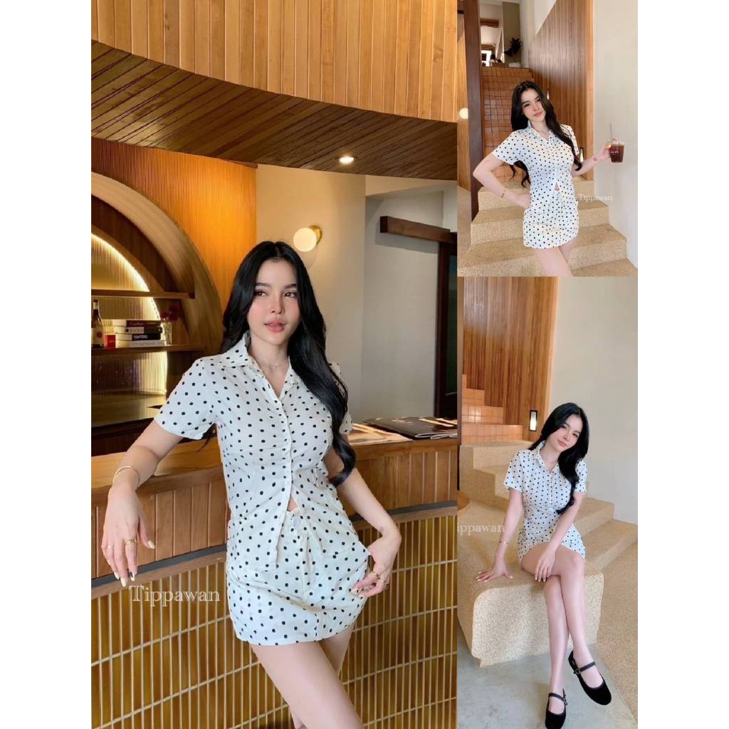 【TIPPAWAN】TPW 19183 Setติดแกลมค่าา เชิ้ตคอปกแต่งดีเทลที่ตัวเสื้อด้านหน้าตีเกล็ด พร้อมกระโปรงมีซับใน