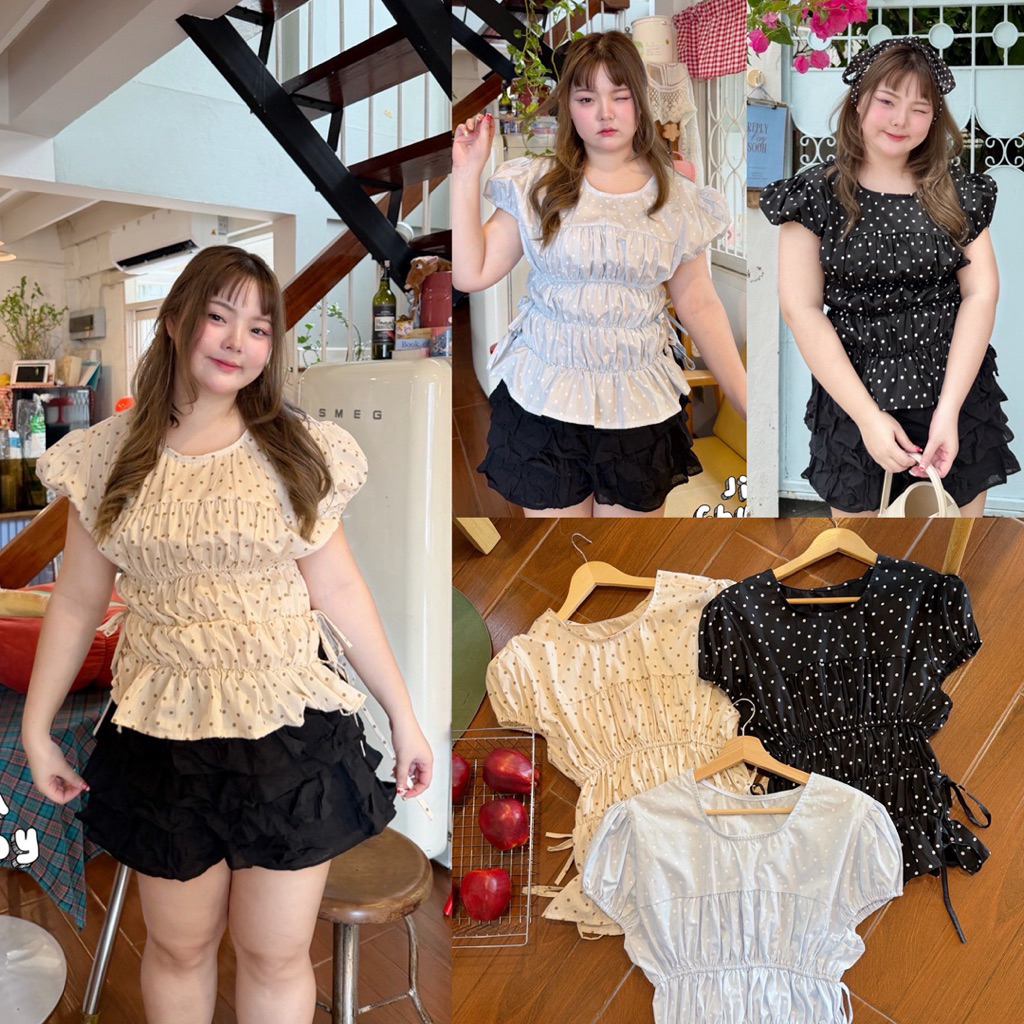 /JR/ เสื้อจั๊มลายจุด ไซส์อก38-48 ตัวเสื้อจ๊มทั้งตัว มีสายผูกโบว์ด้านข้าง น่ารักมาก #เสื้อไซส์ใหญ่ พลัสไซส์