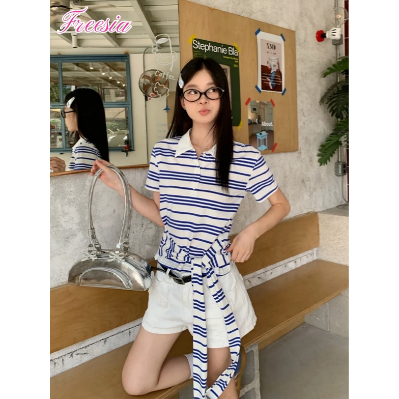 เสื้อแขนสั้น เสื้อแขนสั้นผู้หญิง ลายทาง คอV มีกระดุมในหน้าอก#92405