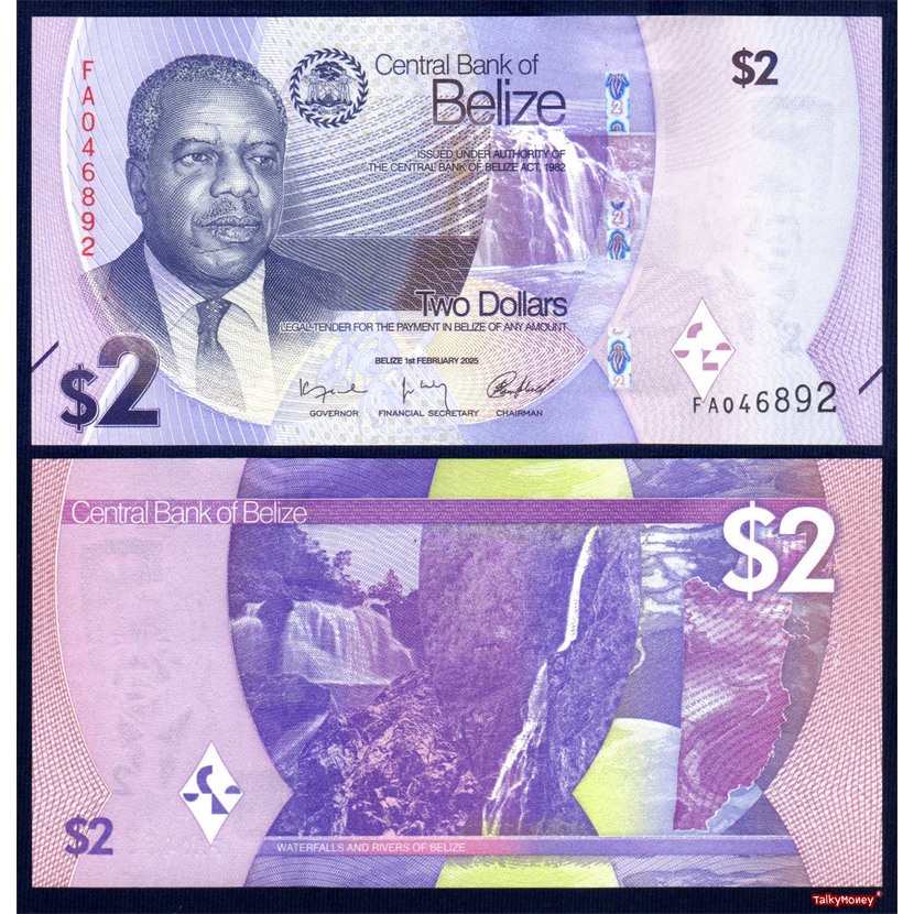 ธนบัตร เบลีซ Belize 2 ดอลลาร์ ปี 2025 P-73 สภาพใหม่เอี่ยม 100% ไม่ผ่านใช้ แบงค์สะสม