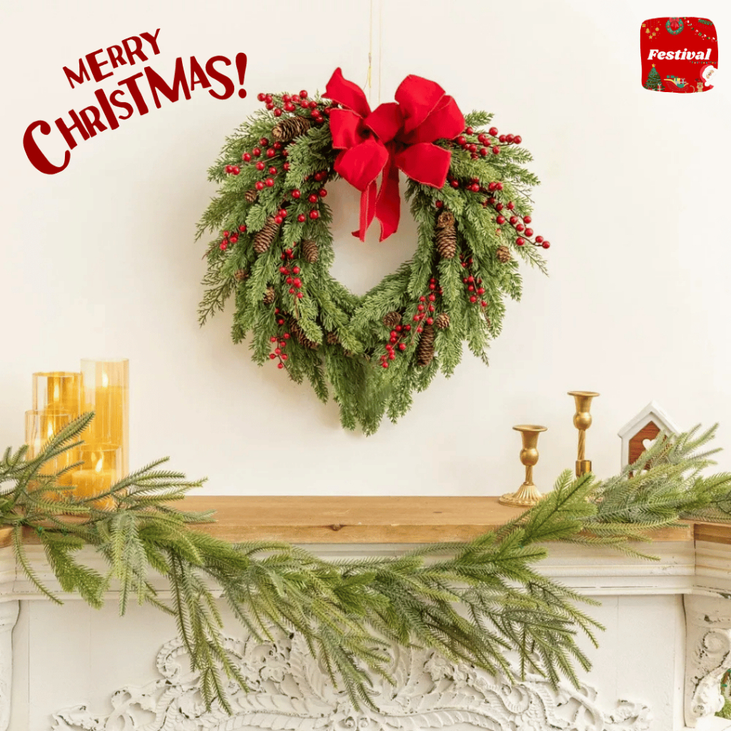 พวงหรีดคริสต์มาส 50 ซม. ประดับโบว์เบอร์รี่สำหรับแขวนประตูตกแต่งบ้าน เทศกาลวันคริสต์มาส