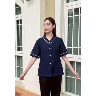 เสื้อแม่บ้าน คอวีแต่ง ดีไซน์สวยมีสไตล์ เสื้อพนักงานทำความสะอาด ดูแพง ผ้าใส่สบายระบายอากาศ ไม่ยับ