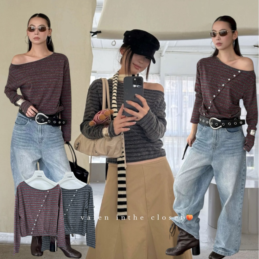 ส่งด่วน 🛵 25T550 MMFISH 𝗘𝗟𝗔𝗬𝗡𝗘 𝗦𝗧𝗥𝗜𝗣𝗘 𝗧𝗢𝗣 เสื้อลายริ้วแขนยาวที่ผสมผสานความเรียบง่าย