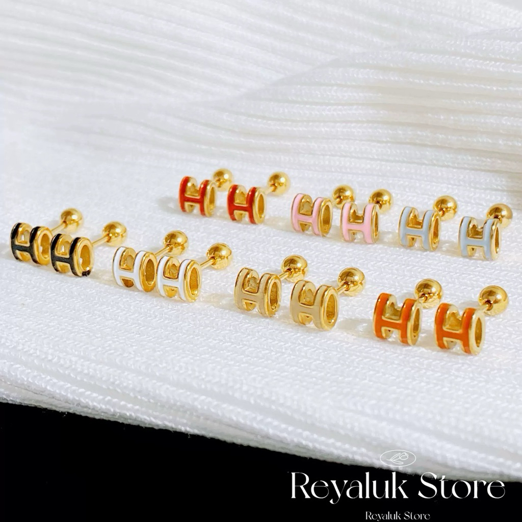 ต่างหูจิวหมุน ตัว H เคลือบสี หุ้มทอง 18K ใส่กันน้ำ แฟชั่นเกาหลี ฮิตสุด