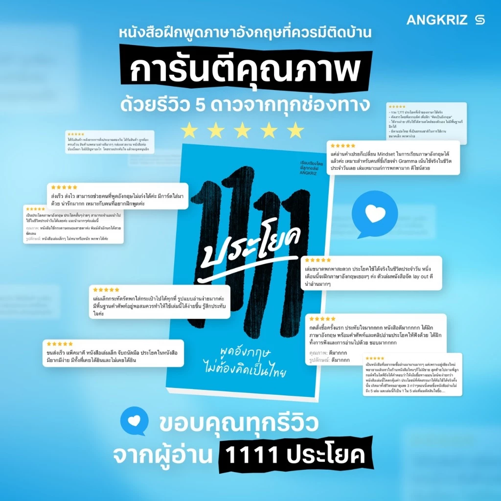 หนังสือ 1111 ประโยค พูดอังกฤษไม่ต้องคิดเป็นไทย (A1–B1) โดยพี่ลูกกอล์ฟ จาก ANGKRIZ (หนังสือพร้อม audio) thumbnail 8