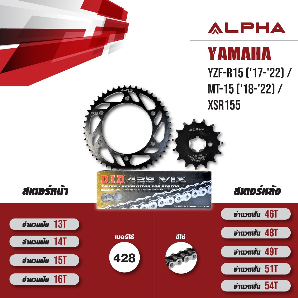 ชุดโซ่สเตอร์ ALPHA เปลี่ยน Yamaha YZF-R15 ('17-'22) / MT-15 ('18-'22) / XSR155 โซ่ D.I.D 428 VIX สีเ