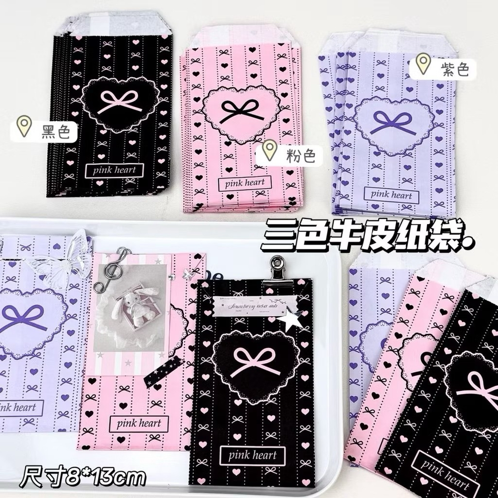 พร้อมส่ง!ซองกระดาษ โลลิต้า หัวใจโบว์ แพค10ชิ้น มีสามสี ชมพู ดำ ม่วง ขนาด8*13cm