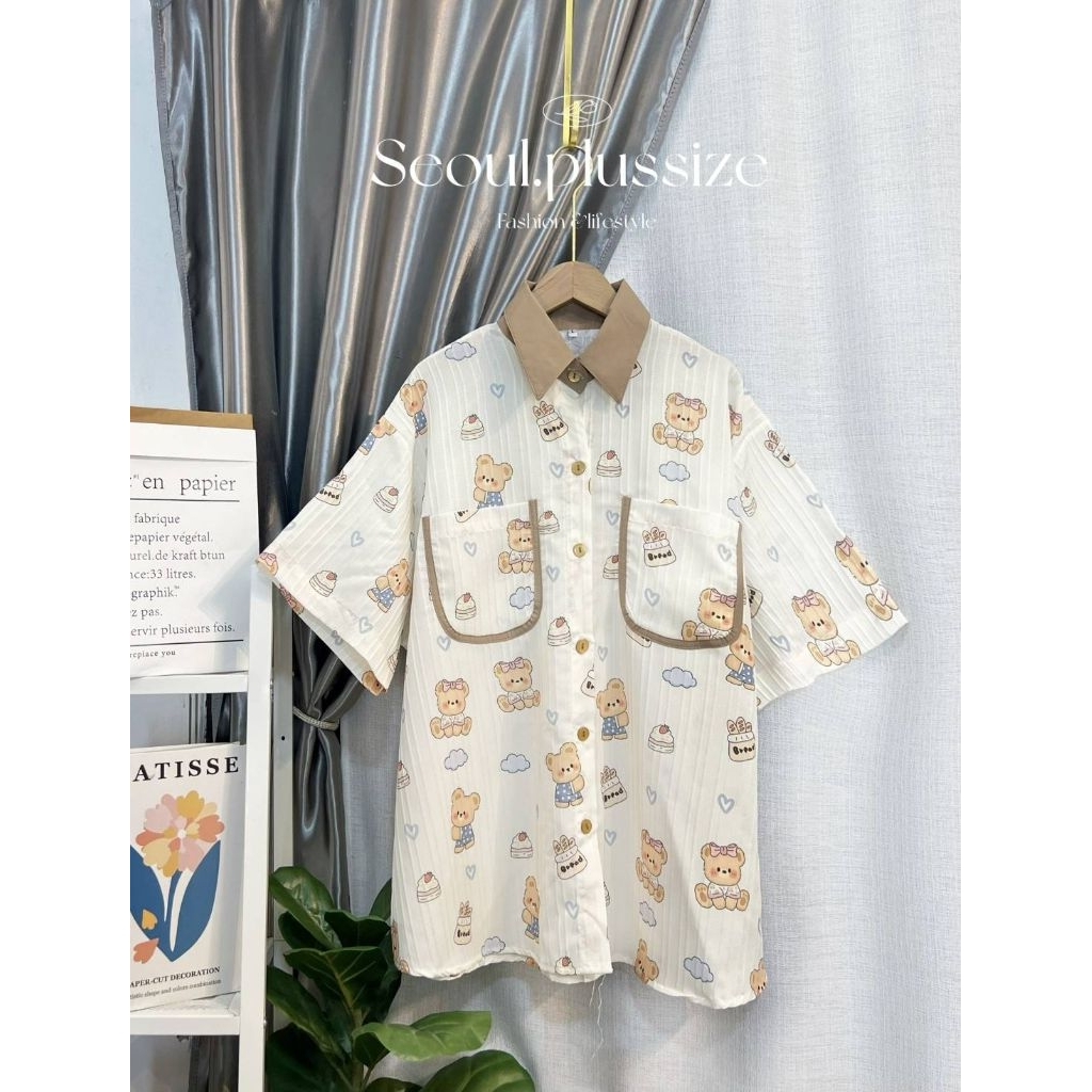 เสื้อเชิ๊ตไซส์ใหญ่ทูโทนคอปกสลับสีลายน่ารัก อก 40-60