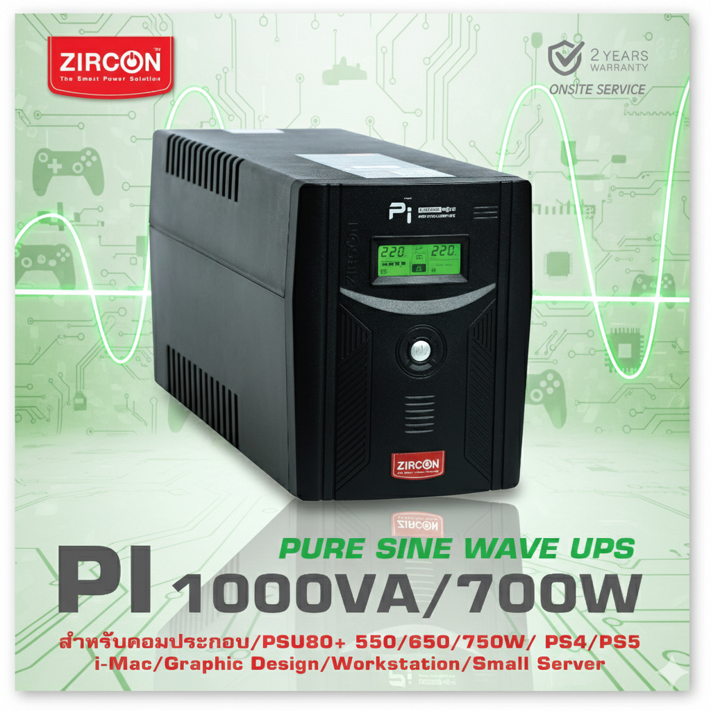 UPS 1000VA/700W PI ZIRCON เพียวซายน์เวฟ สำหรับคอม Gaming/Graphic/PSU80+/ ประกัน 2 ปี ONSITE