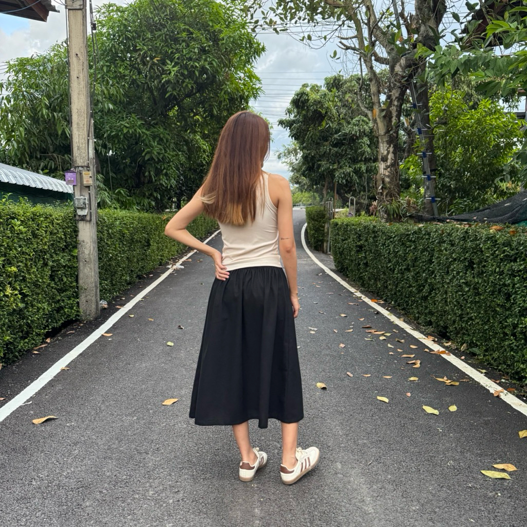 lamoonta กระโปรงผู้หญิง กระโปรงผ้าฝ้ายเอวยางยืด มีกระเป๋า2ข้าง