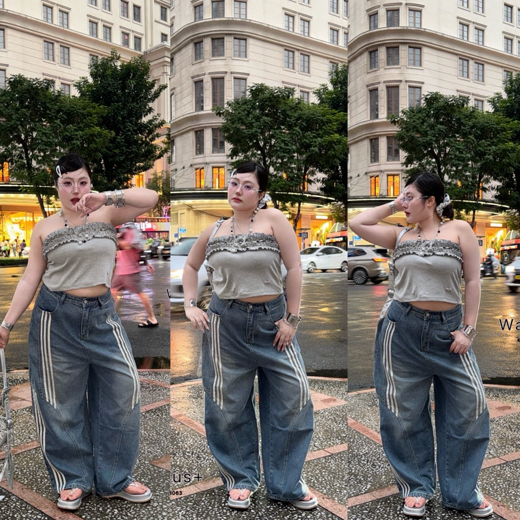 (WR) กางเกงยีนส์ทรงบอย แต่งแถบข้างเพิ่มความเก๋ สายแฟชั่นต้องมี งานตัดตามไซส์ เสื้อผ้าสาวอวบอ้วน ไซส์ใหญ่