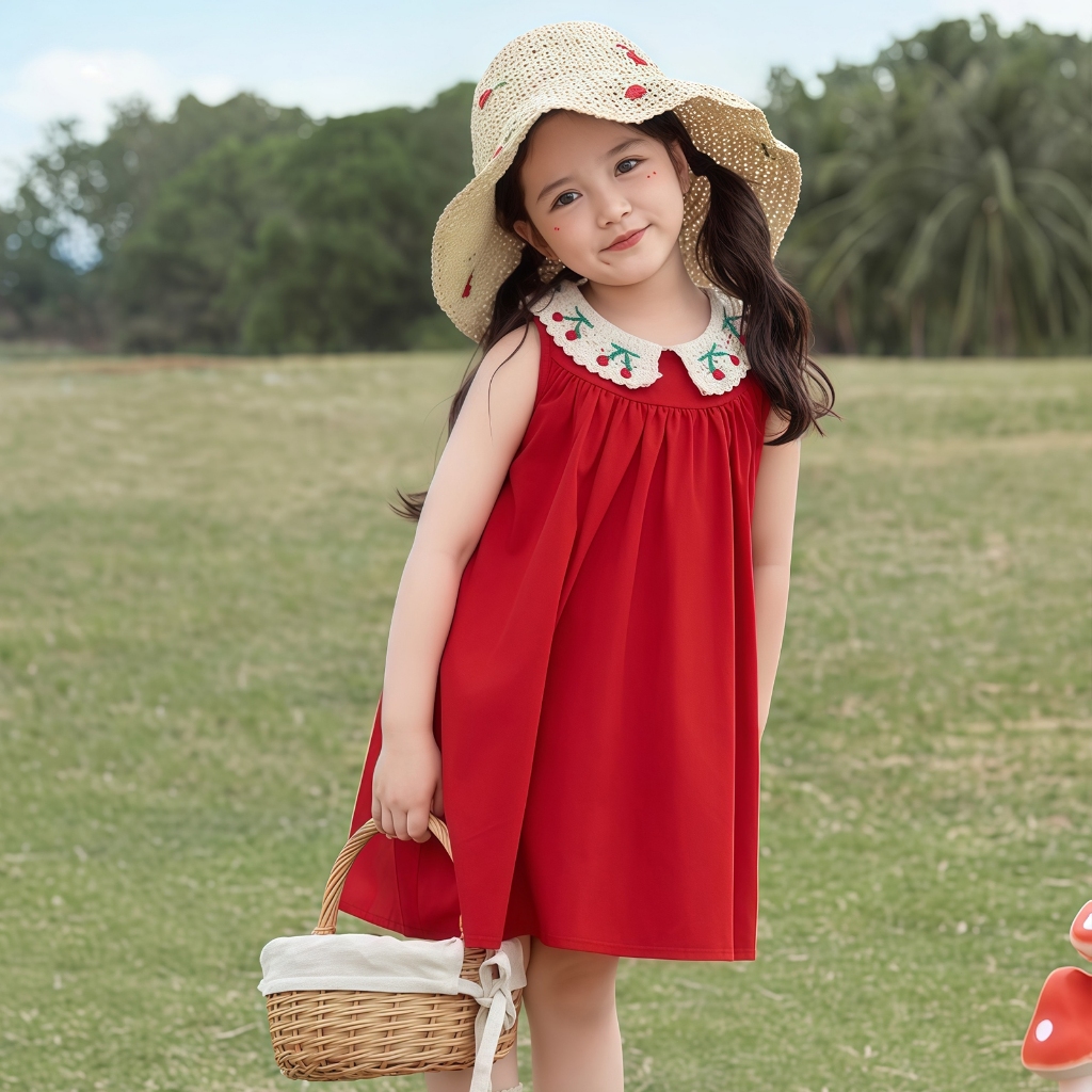 1-12ปี ชุดเดรสเจ้าหญิง คอปกเชอร์รี่ แฟชั่นฤดูร้อน สไตล์ใหม่ สําหรับเด็กผู้หญิง