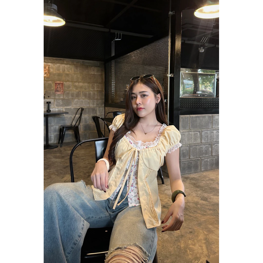 Piangpair•Flower Top เสื้อแต่ง2ชั้น ผูกโบว์หน้า แต่งลูกไม้แขน