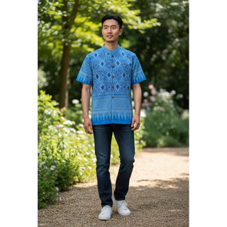 เสื้อผ้าฝ้ายพิมพ์ลายชาย-สีฟ้า-รหัส 22
