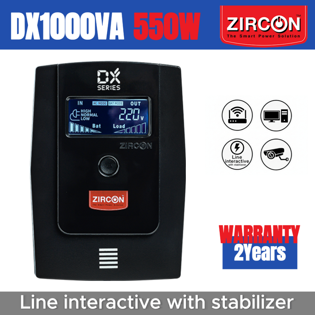 ZIRCON UPS เครื่องสำรองไฟ  DX 1000VA/550W Line interactive with stabilizer 2 years warranty