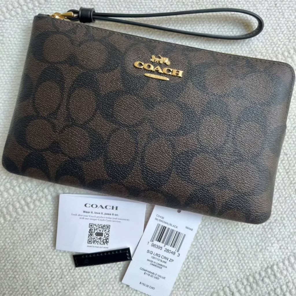 พร้อมส่ง COACH กระเป๋าคล้องมือใบยาว 1ซิป L CORNER ZIP WRISTLET IN SIGNATURE CANVAS (COACH 6648) 7.75