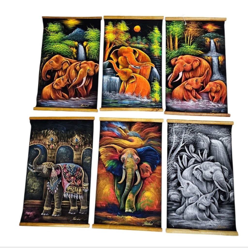 JHMภาพวาดช้างแม่ลูกคละแบบงานฝีมือแขวนผนัง พับเก็บได้ พร้อมไม้แขวนไม้ไผ่ Handmade Wall Hanging Elephant Art