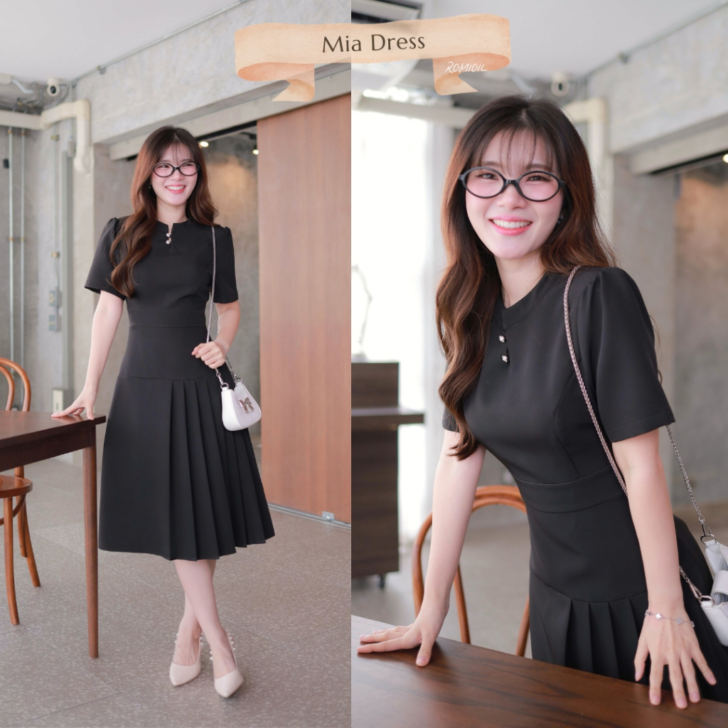 "Romi"Oil" Mia Dress (Black) K291 ชุดเดรสสีดำ (คอจีนแต่งกระดุมมุกกระโปรงยาว)