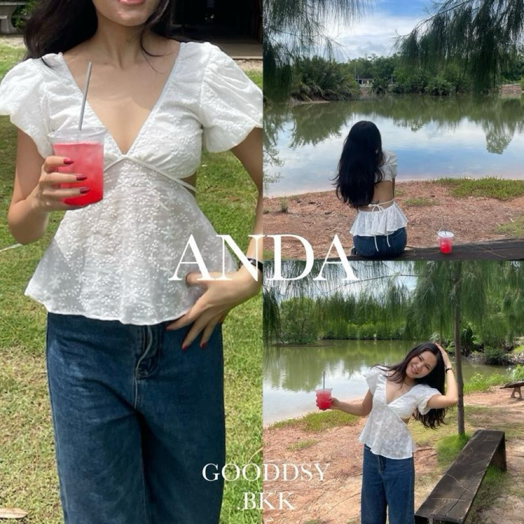 Gooddsy.bkk | Anda เสื้อคอวีแขนตุ๊กตาสม็อกหลัง ดีเทลแต่งสายผูกหลังสุดเก๋ เสื้อแขนตุ๊กตา เสื้อแขนตุ๊กตาผูกหล้ง