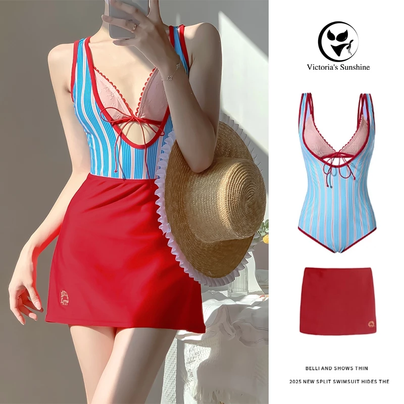 Victoria's ชุดว่ายน้ำผู้หญิง วันพีช ลายทาง sexy swimsiut เว้าหลัง beach#0972