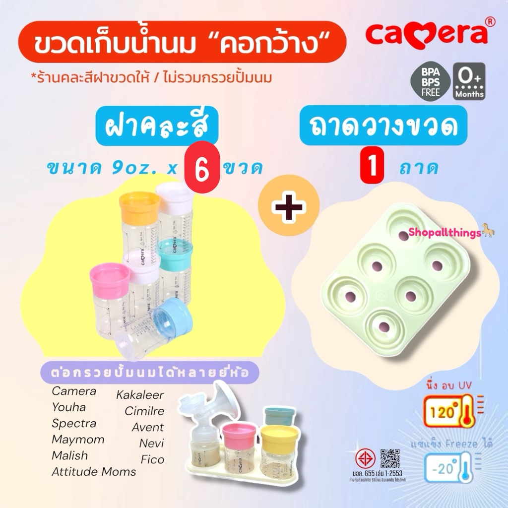 [มี มอก.] CAMERA ขวดเก็บน้ำนม คอกว้าง AKA ฝาพาสเทล 5 ออนซ์ และ 9 ออนซ์ แช่แข็งได้ ทนร้อน นึ่งอบ UV ไ