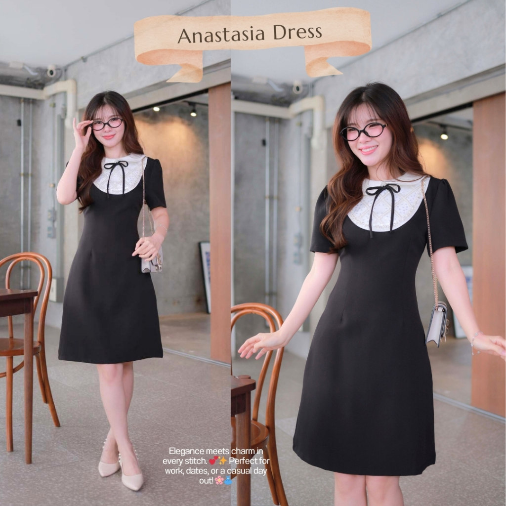 "Romi"Oil" Anastasia Dress (Black) J320 ชุดเดรสสีดำ (คอบัวผูกโบว์แต่งมุก)