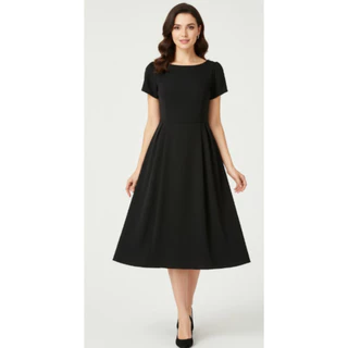 【XS-5XL】 เดรสยาวปานกลาง คอเหลี่ยม แขนสั้น เดรส A-line เรียบหรู ชุดทำงานสุภาพ เข้ารูป พลัสไซซ์